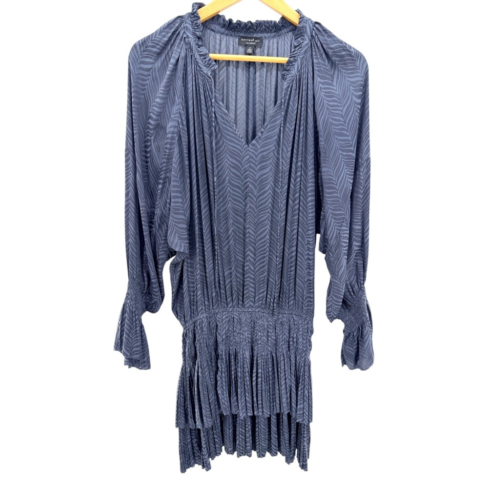 Current Air Aurelie Pleated Mini Dress M Slate Blue Zebra Drop Waist Smocked